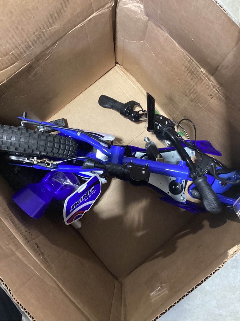 Condition photo showing As Is for kids motorcycle,c6 kids electric dirt bike,12-inch 160w brushless motor,3-speed lcd display,10 mph top speed,led brushless controller + moto sound?8 miles range,blue
