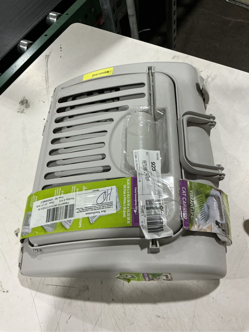 Condition photo showing As Is for vibrant life one size plastic foldable hard-sided cat carrier, gray