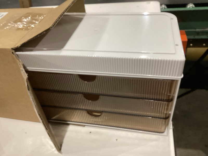 Condition photo showing Good Condition for 3 large drawers makeup organizer - 5 tier bathroom counter organizers and storage, versatile perfume vanity organizer, ideal for cosmetic, large skincare, face mask, office supplies, amber amber 3 drawers