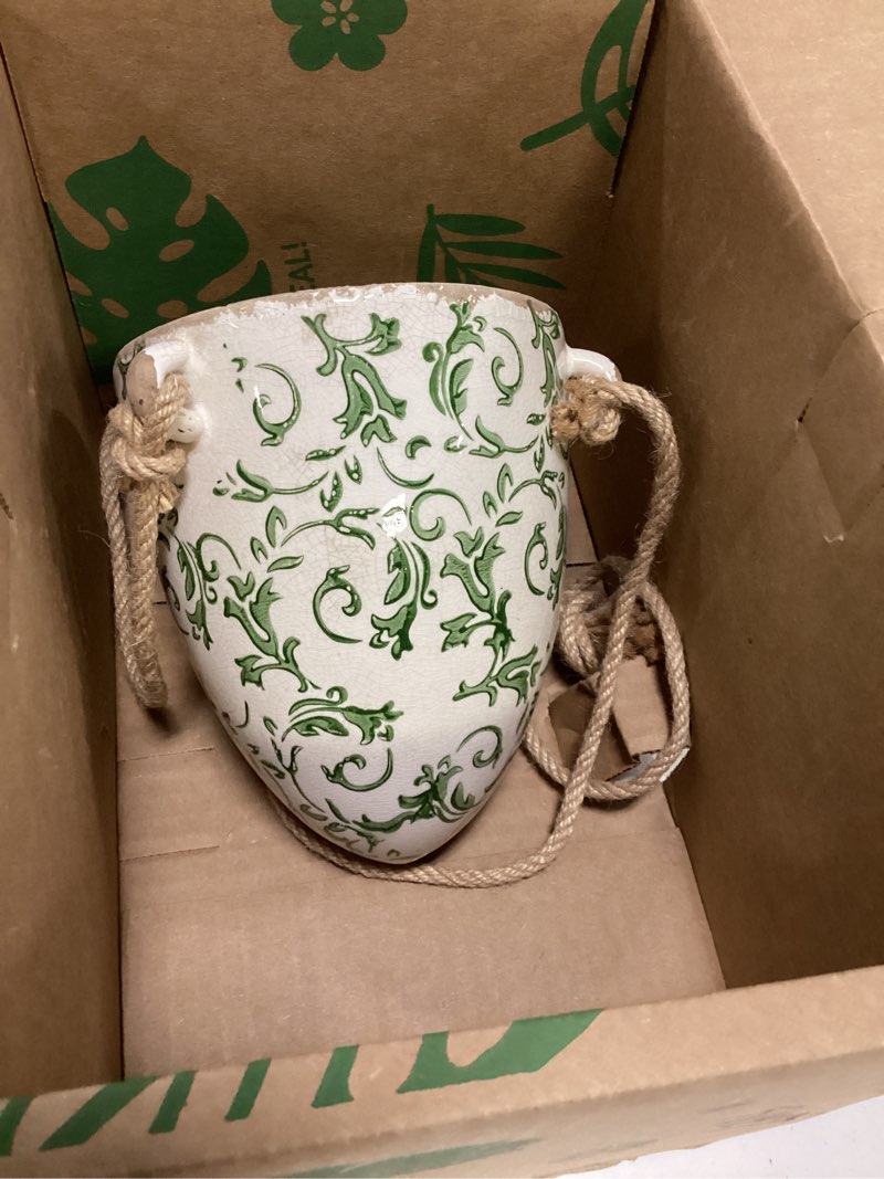 Condition photo showing Good Condition for 2ft. tuscan hanging ceramic scroll planter green