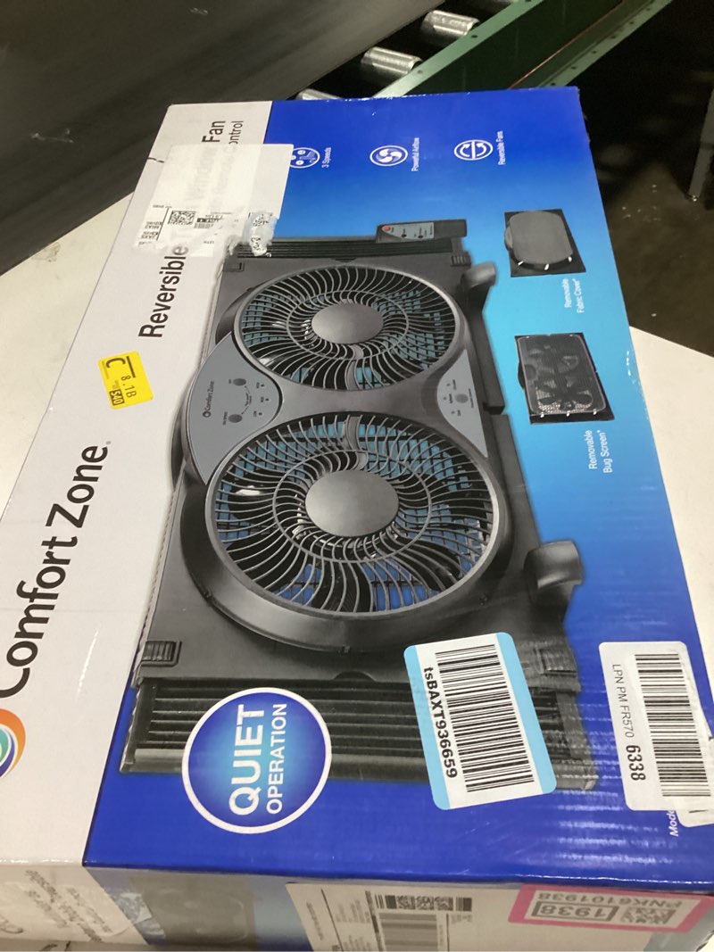comfort zone 9-inch reversible twin window fan with remote control – 3-speed dual blade fan with exhaust, cooling & circulate modes, expandable width 23.5" to 37", removable bug screen & tabletop feet black 3-speed w/remote