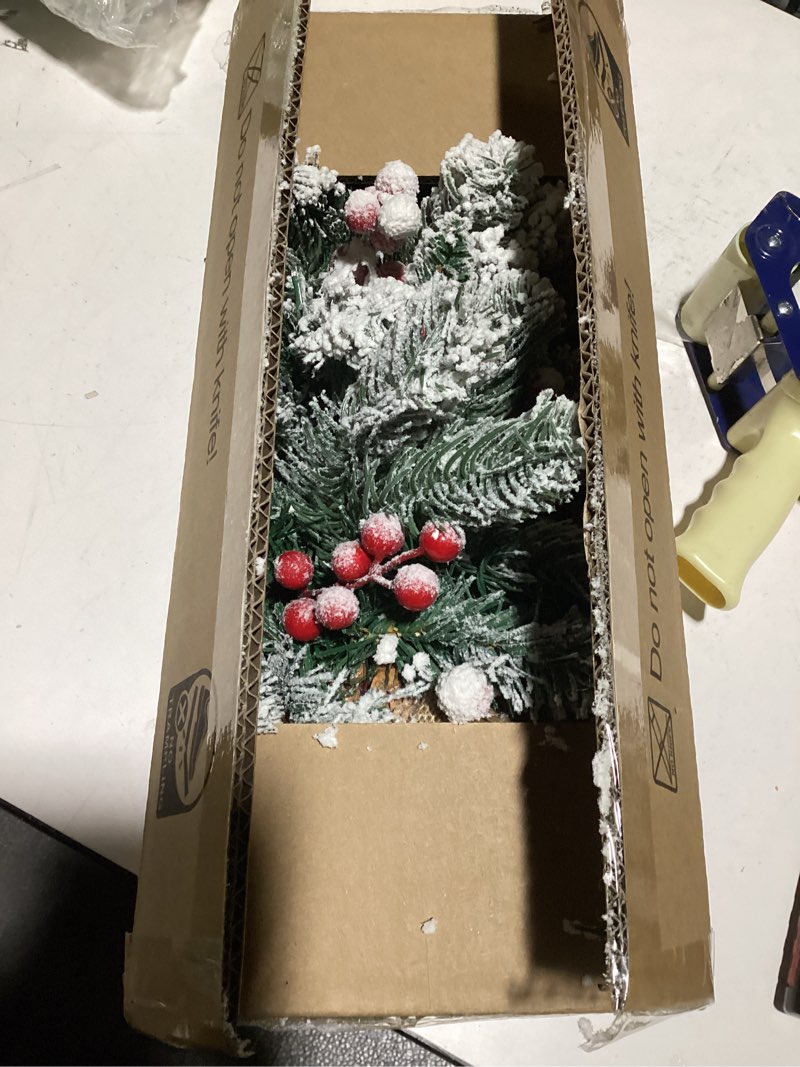 Condition photo showing As Is for ININ 2FT Pre-lit Mini Christmas Snow Flocked Tree,Tabletop Artificial Christmas Tree with LED Lights, Small Xmas Pine Tree with Cloth Bag Base for Christmas Decor,12 Clusters Berry & 8 Pinecones