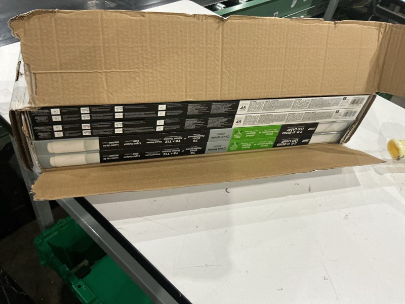 Condition photo showing As Is for feit electric t8 u-bend led tube light, 15 watts, replaces 32w fb32t8 fluorescent u-bend, 2100 lumens, cool white 4000k, type a+b direct replacement or ballast bypass, g13 base, 50,000 hours, 4-pack