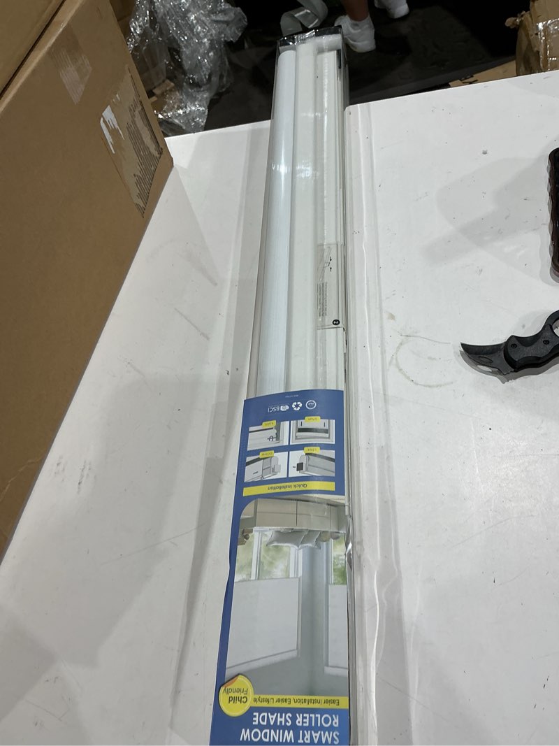 Condition photo showing As Is for motorized automatic cordless roller shades - electric blinds with remote control, smart blinds (grey, 24 x 72) grey 24"w x 72"h