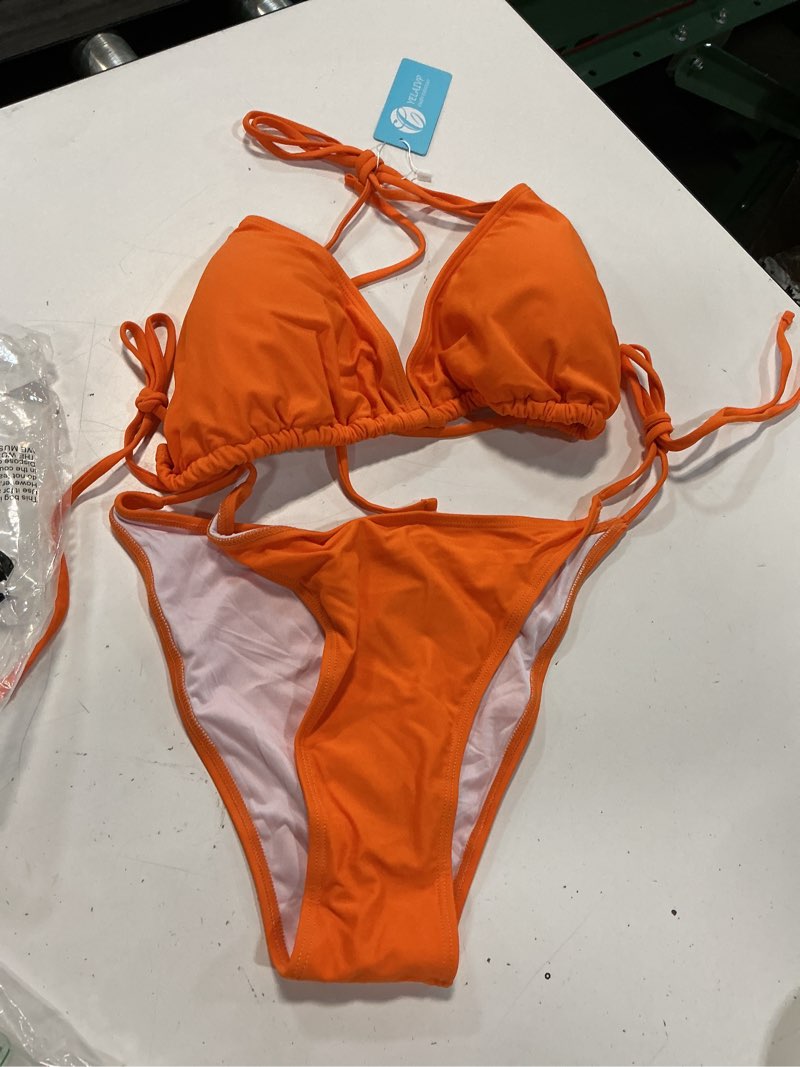 Condition photo showing New/Like New for yelaivp women's plus size halter string triangle bikini sets 2 piece swimsuits with side ruched drawstring cover up orange xx-large