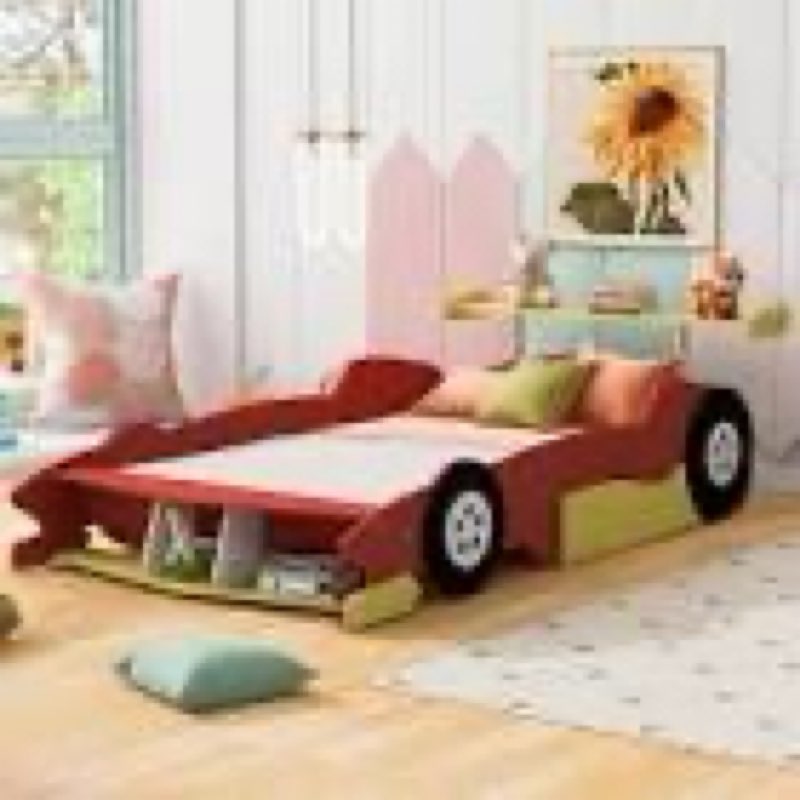 red full size race car-shaped kids bed platform bed with wheels and shelf