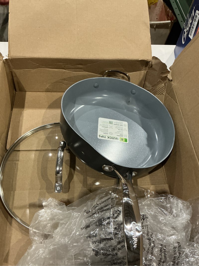 Condition photo showing As Is for greenpan valencia pro hard anodized healthy ceramic nonstick 4.5qt saute pan jumbo cooker with lid, pfas-free, induction, dishwasher safe, oven safe, gray