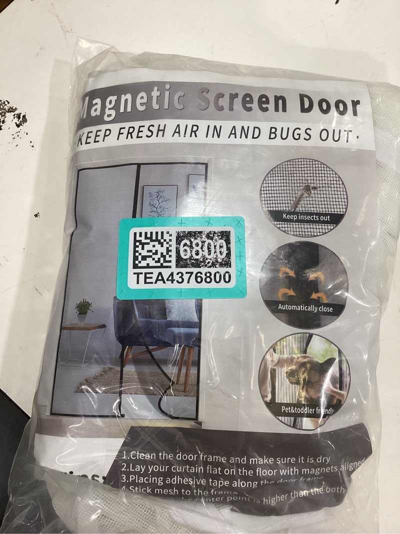 Condition photo showing New/Like New for white fiberglass magnetic screen door,reversible left or right side opening, keep bugs out, hands free, pet and kid friendly, fits door size 72" x 80" fit door size 72" x 80" white
