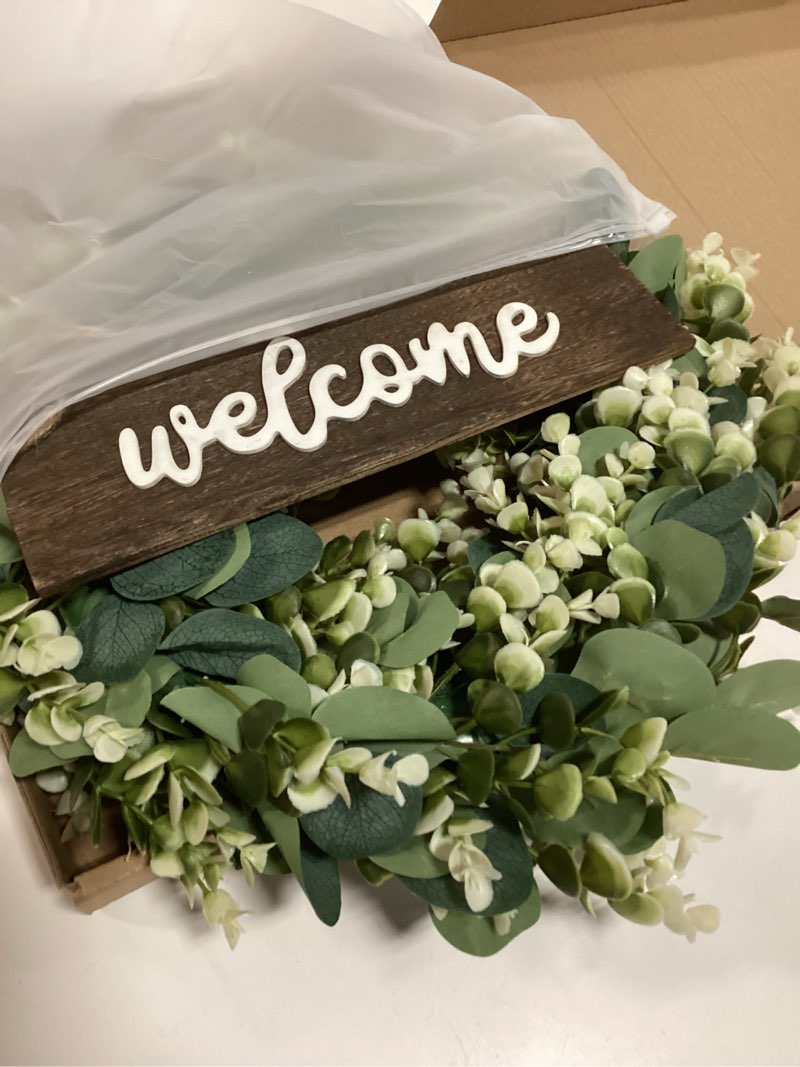 Condition photo showing Good Condition for Sggvecsy Green Artificial Eucalyptus Wreath with Welcome Sign 20in Spring Summer Wreath with White Berries for Front Door Wall Window Festival Farmhouse Porch Patio Garden Decor