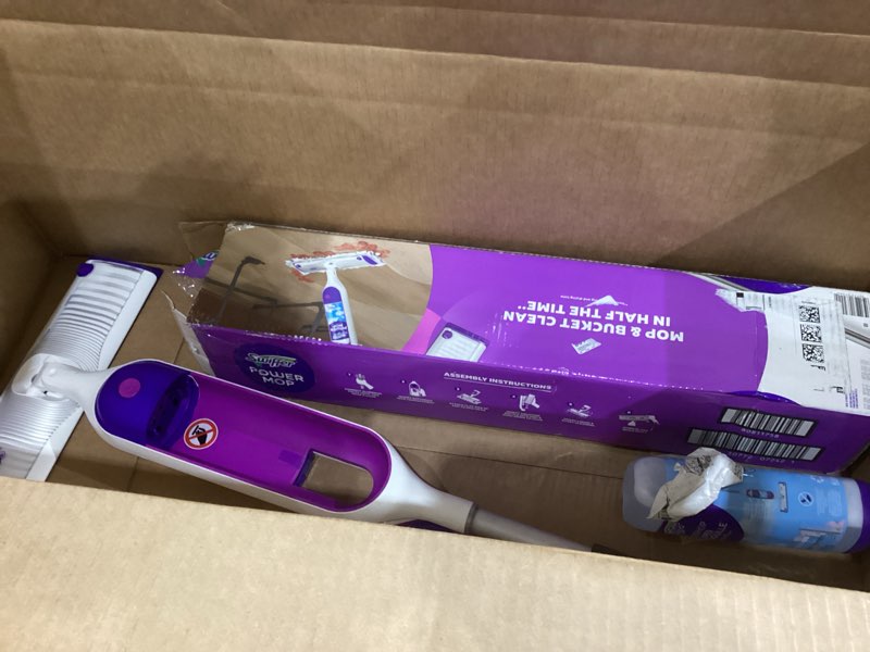 Condition photo showing Good Condition for swiffer powermop multi-surface mop kit for floor cleaning, includes powermop, 2 mopping pad refills, 1 cleaning solution with fresh scent and 2 batteries purple and white