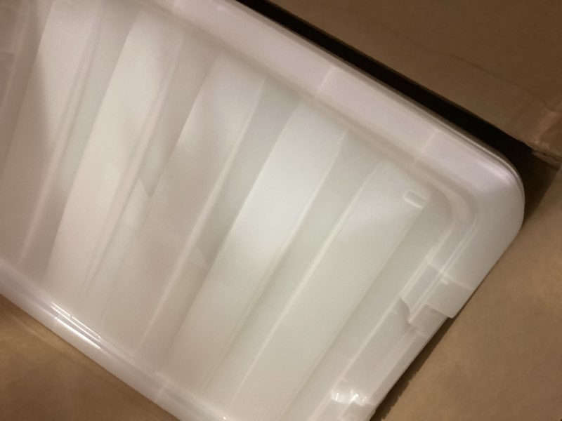 Condition photo showing Good Condition for IRIS USA 32 Qt Stackable Plastic Storage Bins with Lids, 6 Pack - BPA-Free, Made in USA - Discreet Organizing Solution, Latches, Durable Nestable Containers, Secure Pull Handle - Pearl Pearl 32 Qt 6 Pack