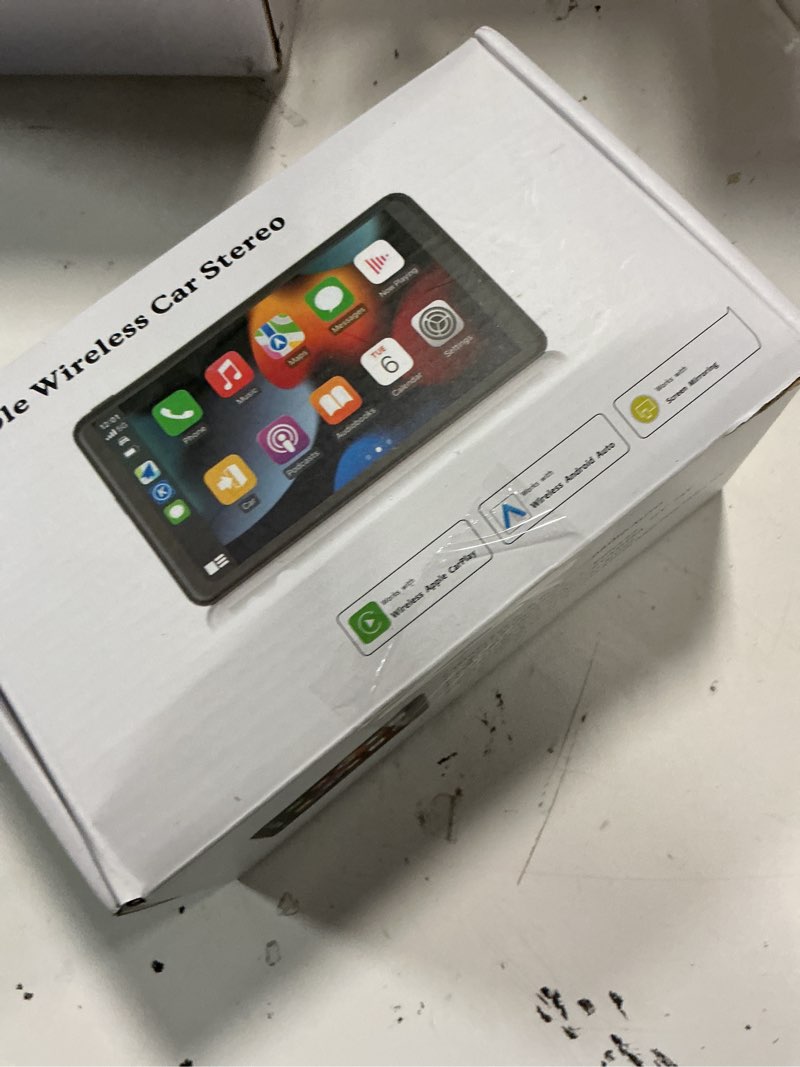 Condition photo showing New/Like New for portable wireless with apple carplay and android auto screen for car, 7" hd touch screen car stereo with mirror link, bluetooth 5.2, backup camera, aux,fm transmitter for all vehicle