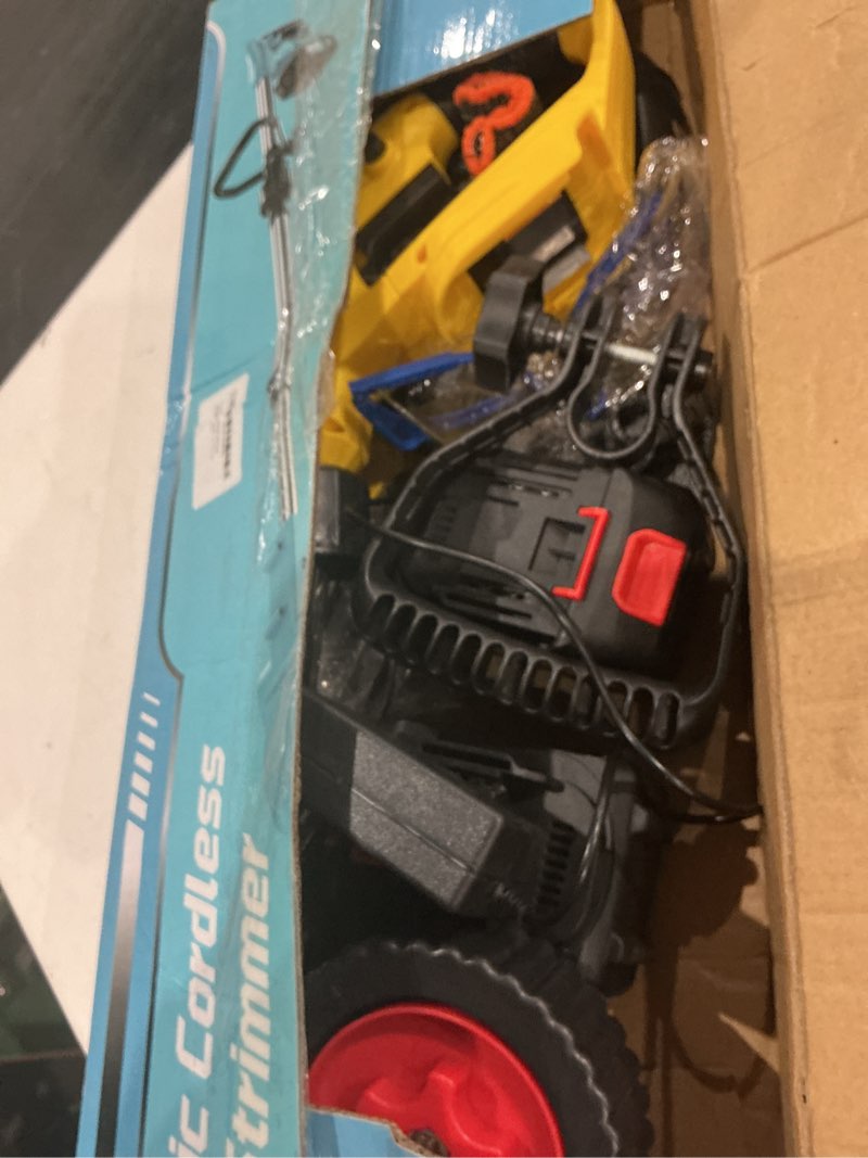 Condition photo showing As Is for (incomplete, missing pieces)20000rpm electric weed wacker with wheel,cordless weed eater, battery powered weed trimmer, 4 in1 string trimmer,brush cutter/grass trimmer/lawn mower/lawn edger 3 type blades for garden yard yellow