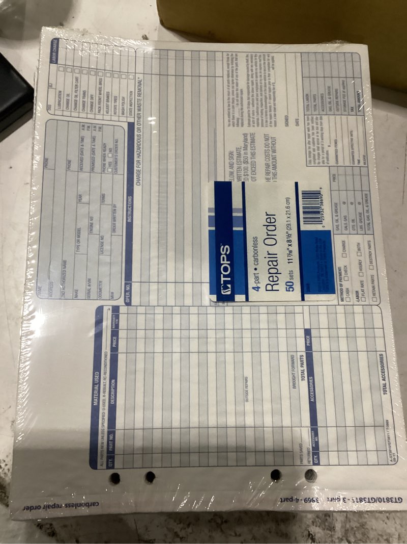 Condition photo showing New/Like New for tops 3869 auto repair four-part order form, 8-1/2 x 11, four-part carbonless, 50 forms