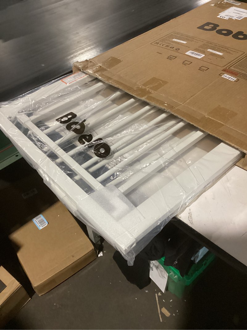 Condition photo showing New/Like New for babelio safety gate door fits for stairs, narrow and wide doorways with auto close, easy install, no drilling, pressure mounted for baby, child, pets, dog/puppy, 26''-40'', white white 30"tall 26"-40" wide