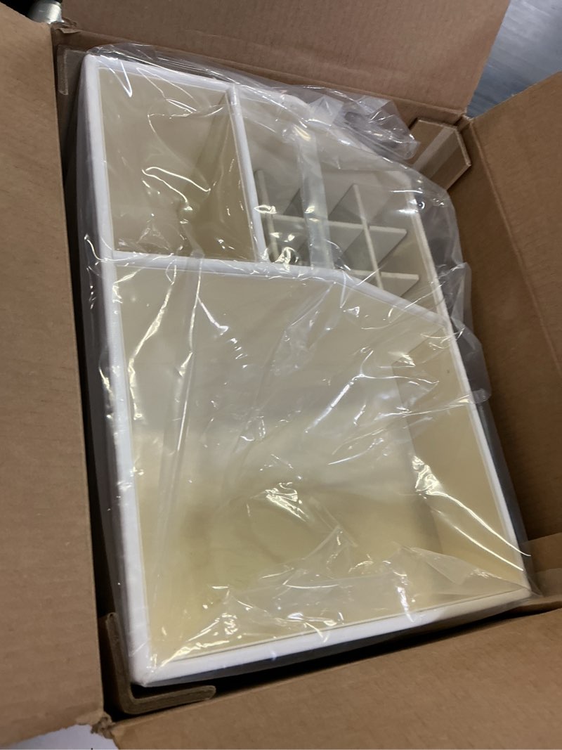 Condition photo showing New/Like New for Vlando Makeup Organizer for Vanity,Large Capacity Countertop Organizer with Drawers, PU Leather Cosmetic Display Case for Lipstick,Brushes,Skincare,Nail polish and Bedroom Storage (White) 3 layers-White