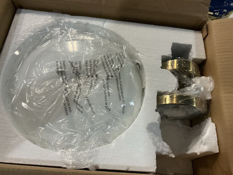 Condition photo showing As Is for mid-century white glass ceiling light, gold flush mount for bedroom milky white