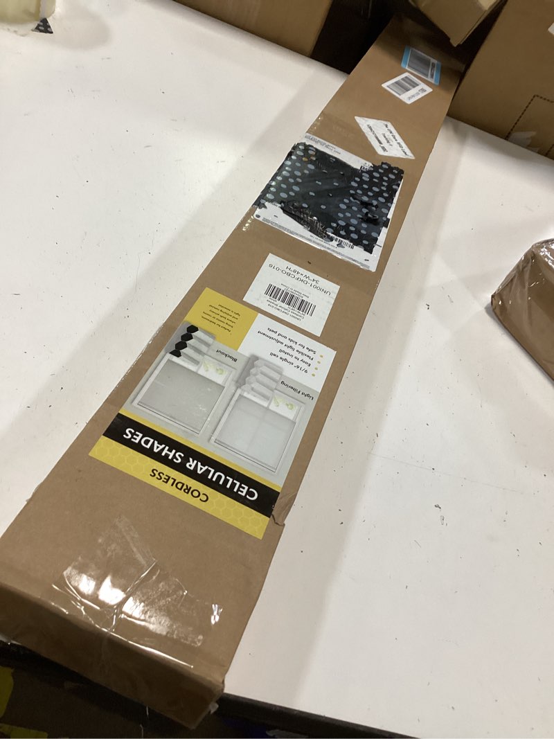 Condition photo showing New/Like New for blackout cordless cellular shades, honeycomb blinds for indoor windows, for window size 34" w × 48" h white blackout white 34" w × 48" h