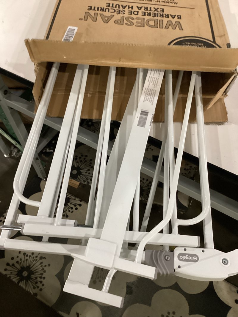 Condition photo showing As Is for missing part**** regalo safety 36\" extra tall and 49\" wide baby gate for doorways & bottom of stairs, pressure mounted walk through baby gate for toddlers & pets, tested & safe, american designed, american owned white 29-49\"w x 36\"h