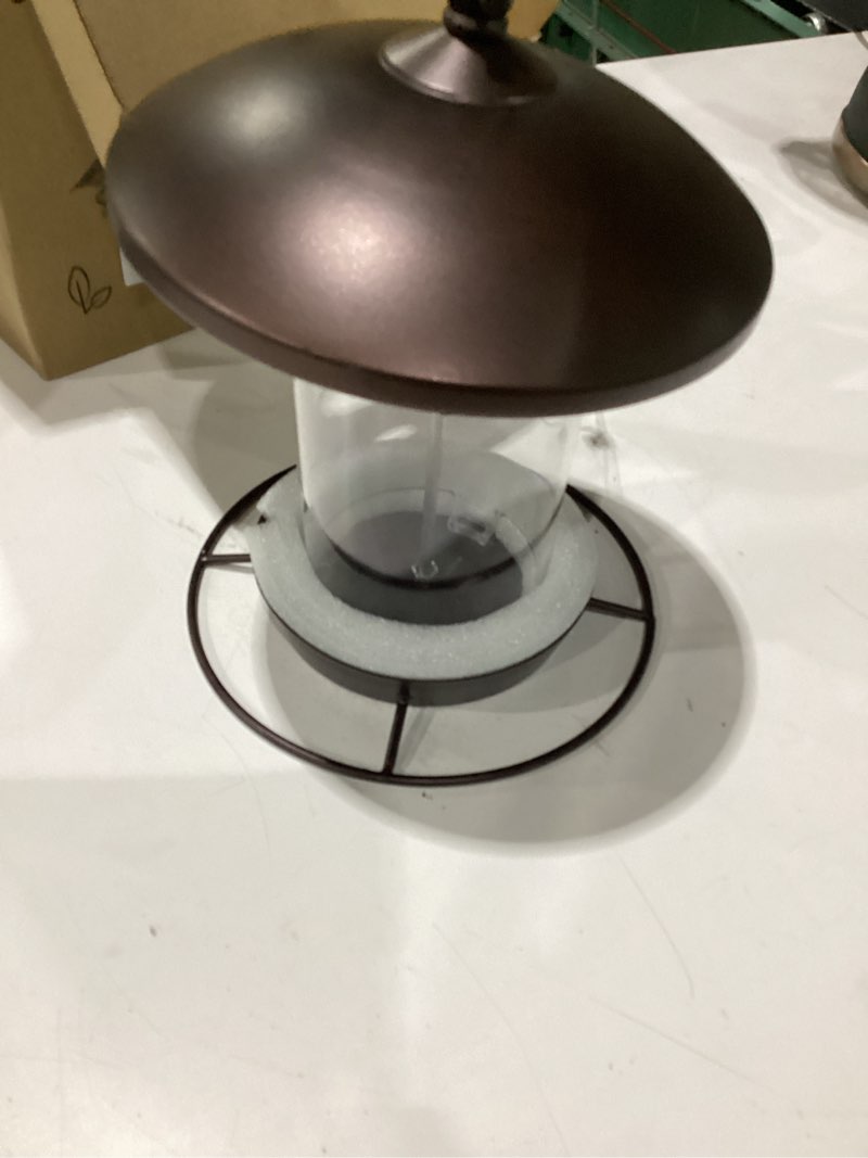 Condition photo showing As Is for metal bird feeder for outdoors hanging,3.0lb seed feeder,easy to fill & clean,360° feeding,weatherproof roof for gardens and wild birds,brown