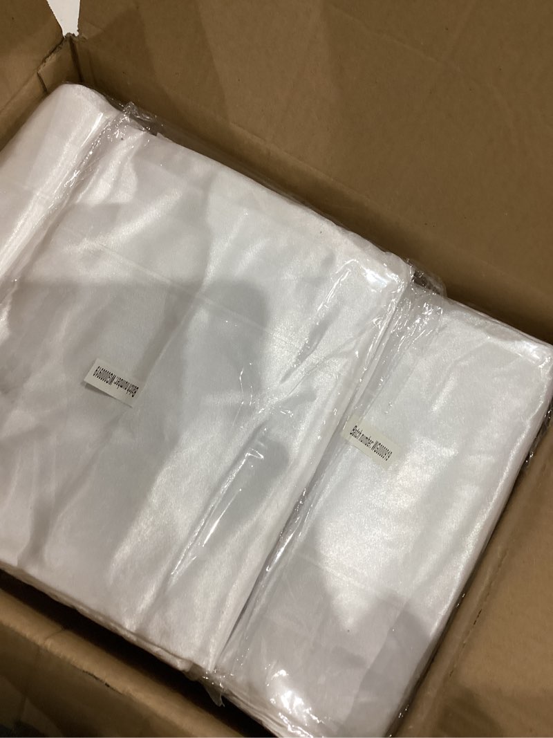 Condition photo showing Good Condition for 12 Pack White Satin Tablecloth, 57 x 108 Inch Silky Satin Table Cloth, Rectangle Bright Silk Tablecloth Smooth Fabric Table Covers Overlay Silky Table Decoration for Wedding Party Banquet Birthday White 12 Pack 57 x 108 Inch