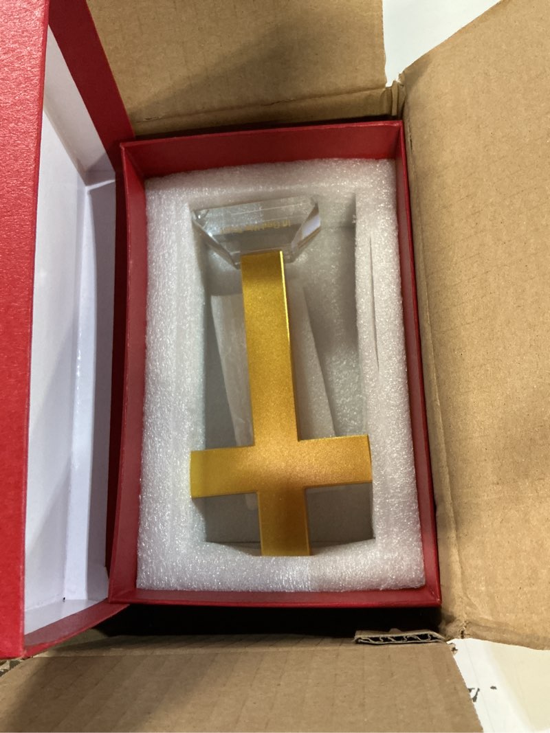 Condition photo showing New/Like New for Hand Blown Glass Cross Sculpture - Golden Christian Decor with John 3:16", Religious Gift for Home/Church, Artistic Blown Glass Ornament Gold John 3:16