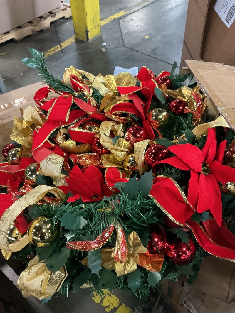 Condition photo showing As Is for red velvet christmas wreath: 26-inch, battery lights & red/gold ornaments burgundy bow