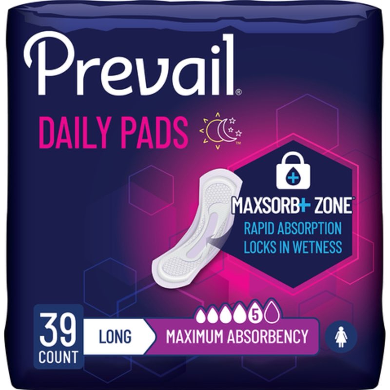 prevail incontinence bladder control pads for women, maximum absorbency, long length, 39 count