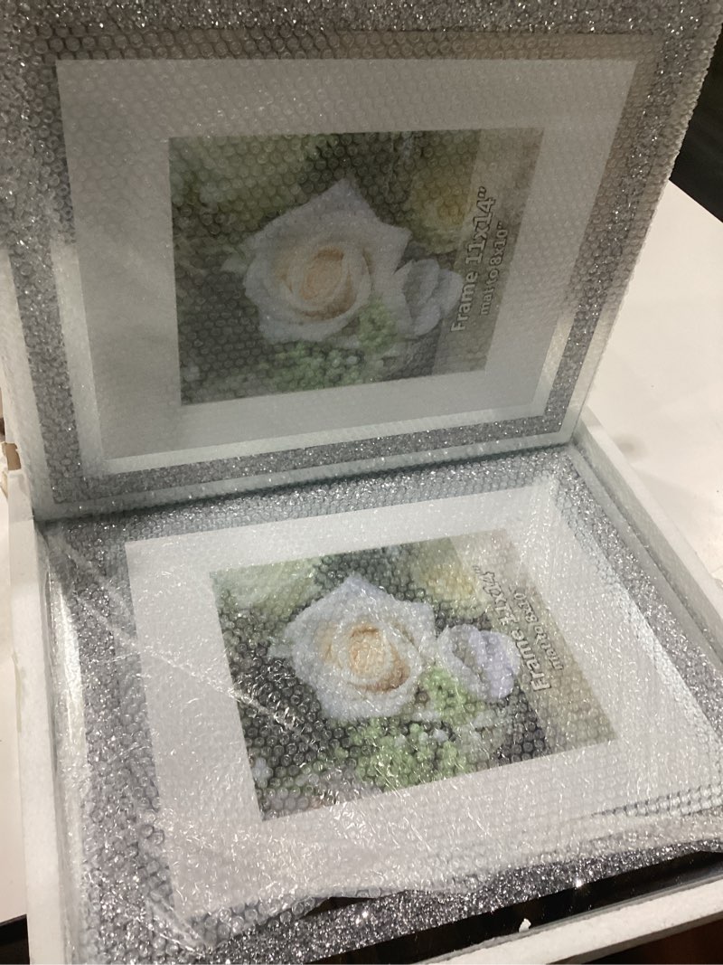 Condition photo showing New/Like New for crushed diamond wedding mirror photo frame, crystal silver glass picture frame for photograph size 11x14 inch with mat for 8x10 inch, pack of 2 pieces wall frame. bling sparkle diamond home decor.