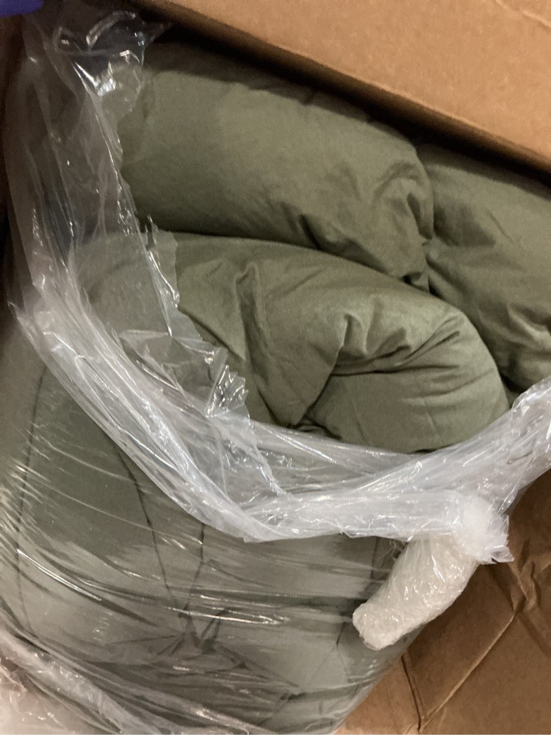 Condition photo showing As Is for cotton pintuck comforter, full/queen, dusty olive