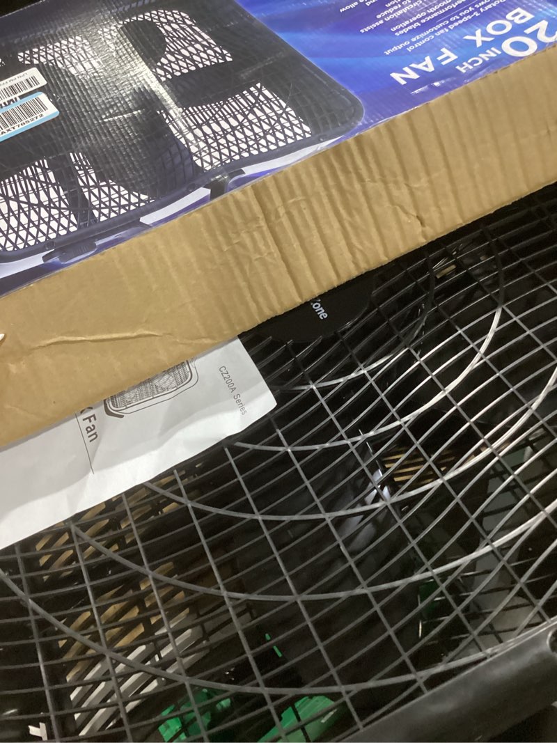 Condition photo showing As Is for Comfort Zone Box Fan with Carry Handle, 20 inch, 3 Speed Full-Force Air Circulation with Air Conditioner, Floor Fan, Bedroom Fan, Airflow 15.03 ft/sec, Ideal for Home, Bedroom & Office, CZ200ABK Black