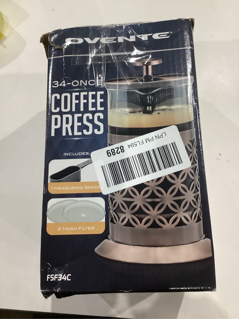 Condition photo showing Good Condition for OVENTE French Press Coffee Maker 34 Ounce with Heat Resistant Borosilicate Glass, Stainless Steel Design and 4-Level Filter System, Portable Cold Brewer Pot for Travel, Camping or Gift, Copper FSF34C