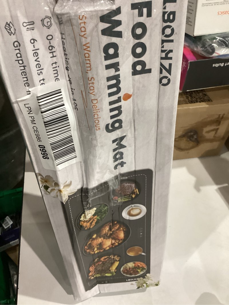 Condition photo showing As Is for Warming Mat For Food Extra Large 36"x16" 580W Food Warmer Chafing Dishes for Buffet,Food Warming Mat,Food Warmers for Parties Buffet,Portable Heating Pad 6 Level Temp 6 Hour Timer Plus Grey