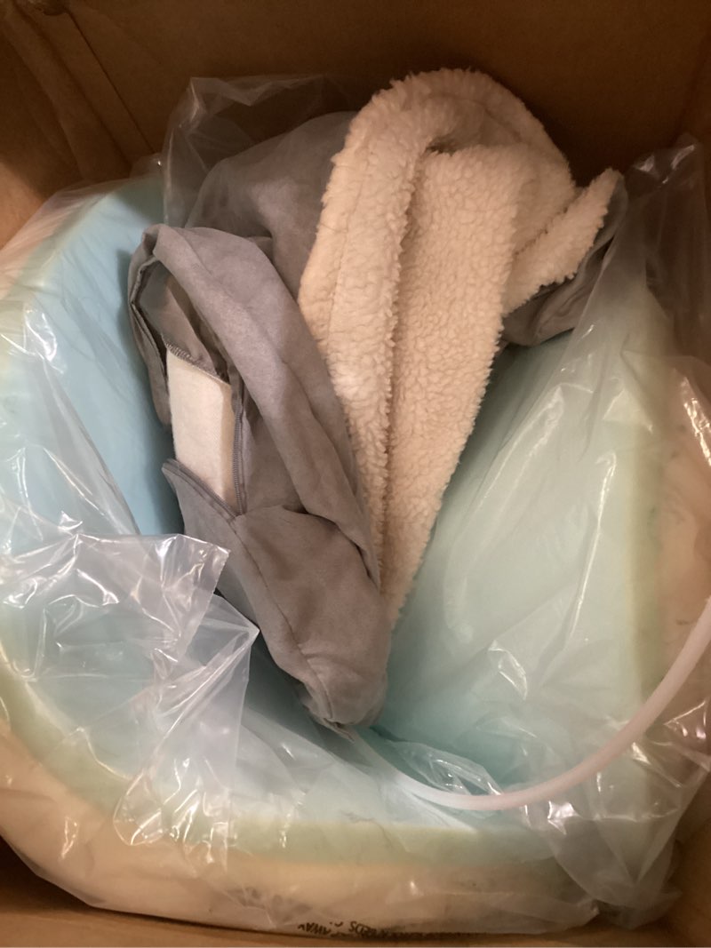 Condition photo showing As Is for furhaven 35" round cooling gel dog bed for large/medium dogs w/ removable washable cover, for dogs up to 50 lbs - sherpa & suede snuggery - gray, 35-inch faux lambswool & suede gray 35 inches