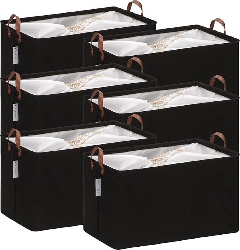 Hinwo 70L Extra Large Storage Bins, 6-Pack Closet Organizers and Storage, Foldable Clothes Storage Baskets with Handles, Containers for Clothing, Blanket, Comforters, Toys, Bedding (Black)