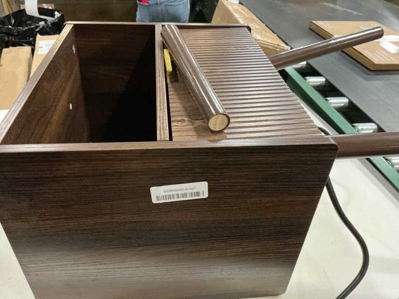 Condition photo showing As Is for joonee nightstand with outlet,modern bedside table with storage drawer and open wood shelf, for living room, bedroom and small spaces, accent night stand with solid wood legs, easy assembly,brown walnut brown-outlet