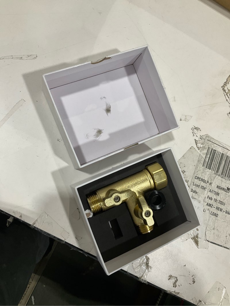 Condition photo showing As Is for high flow solid metal 2 way ? type garden hose splitter with shut-off valves, 360 degree rotation 3/4" spigot faucet connectors with 2 extra silicone washers