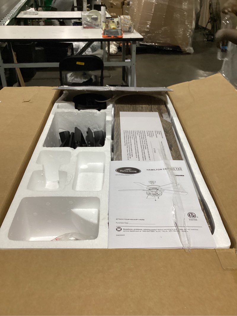 Condition photo showing As Is for harbor breeze hamilton 52-in matte black indoor ceiling fan with light (5-blade)