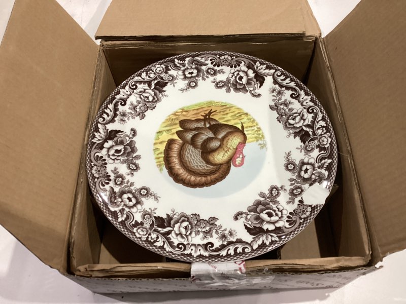 Condition photo showing As Is for Spode Woodland 19" Octagonal Serving Platter, Turkey Motif - Fine Porcelain Thanksgiving Dinnerware with British Flower Boarder for Holiday Feasts and Family Gatherings, Microwave & Dishwasher Safe