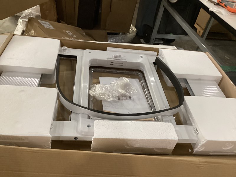 Condition photo showing As Is for Full-Size Window Pet Door for Cats & Small Dogs, Width Adjustable Fits Sliding Windows, 10-Min Install, Aluminum Frame, HD High-Transparency Glass, Weatherproof Design, Magnetic Close Fit 28"-32" Window