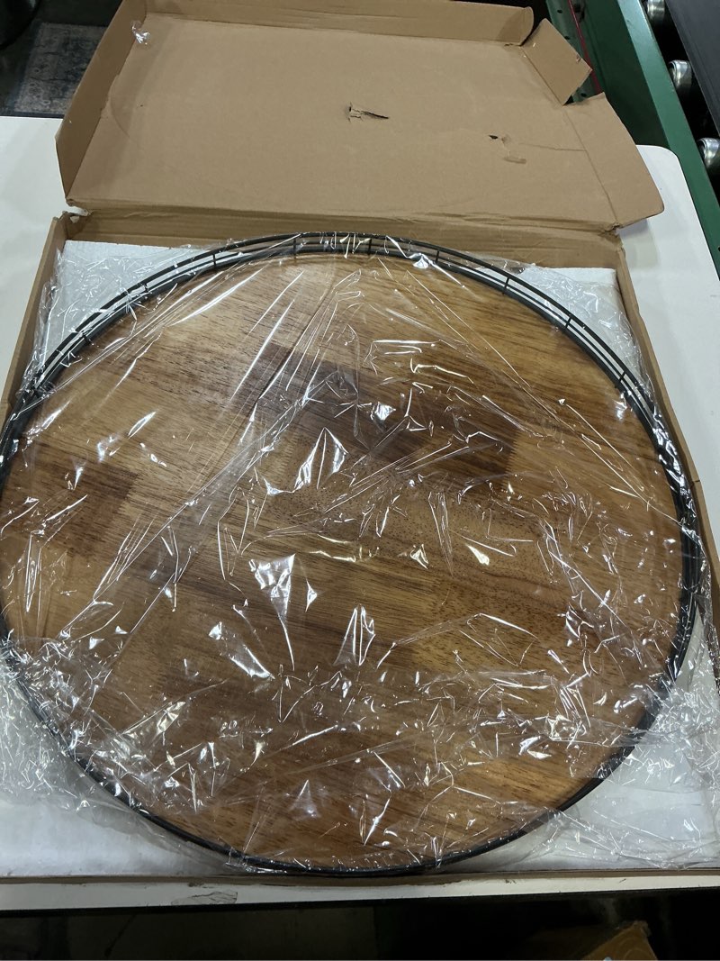 Condition photo showing Good Condition for 21" Lazy Susan Oak Wood Turntable Organizer for Cabinet, Farmhouse Round Wooden Large Lazy Susan Organization and Storage for Dining Table, Pantry, Kitchen, Countertop, Cupboard, Home Decor Brown & Black 21 inches