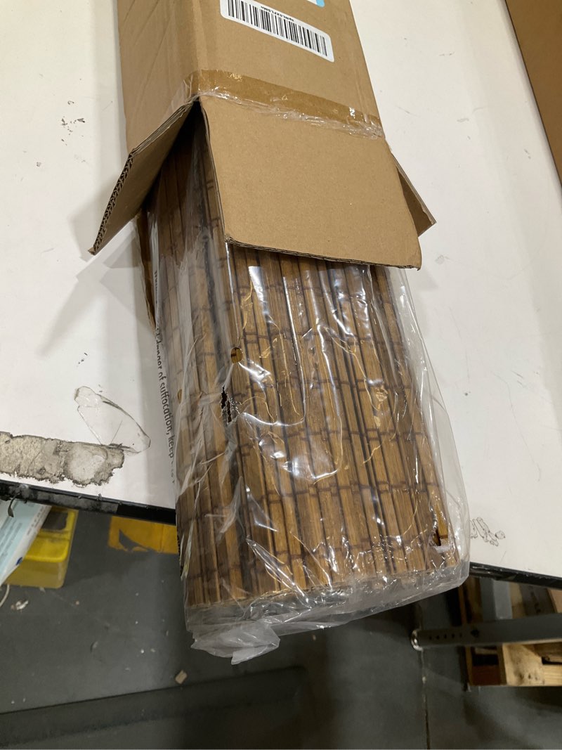 Condition photo showing Good Condition for lazblinds cordless bamboo roman shades, privacy blinds for interior windows, room darkening roll up bamboo blinds for home & patio, 22.5" w x 48" h, highfield teak pricacy - highfield teak 22 1/2" w x 48" h