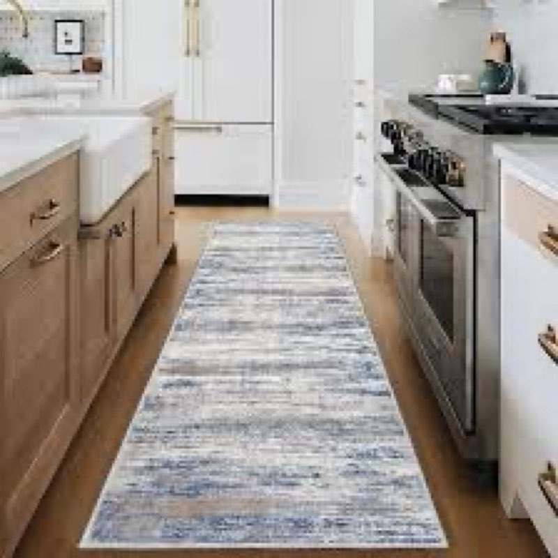 KOZYFLY Modern Abstract Hallway Runner Rug, 2.6x8 Washable Rug Runner Non-Slip Soft Striped Kitchen Runner Rugs, Print Distressed Light Blue Carpet Runner for Entryway Bathroom Laundry Room Foyer 1 s