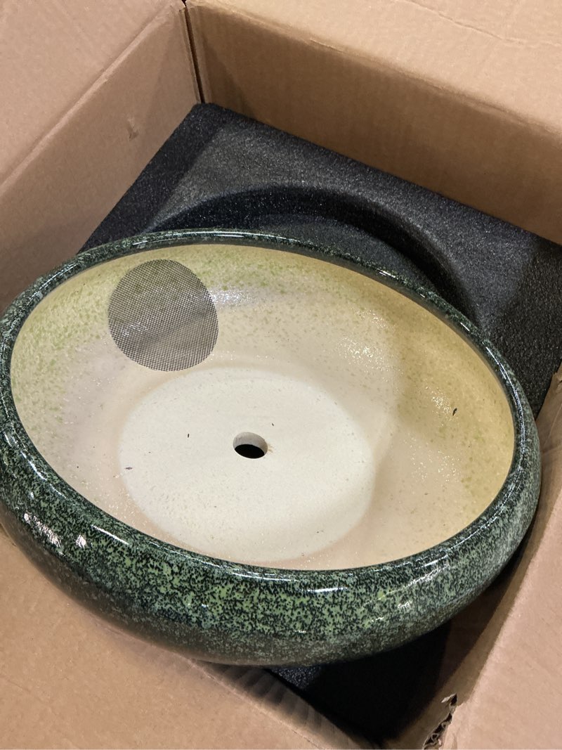 Condition photo showing New/Like New for bonsai pots 10 inch - ceramic pots for plants indoor outdoor, succulent pot with drainage hole and saucer, large bonsai planter, round shallow planter, office decor, gardening gift, green