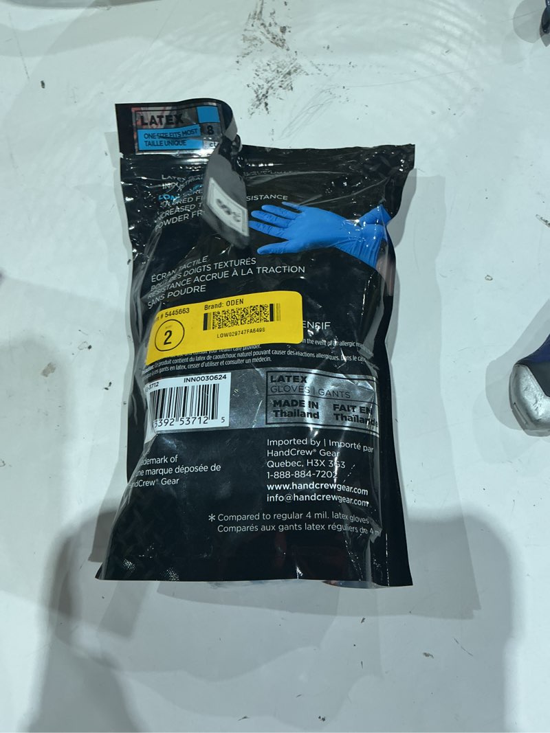 Condition photo showing As Is for oden one size fits all blue latex gloves, (4-pairs)