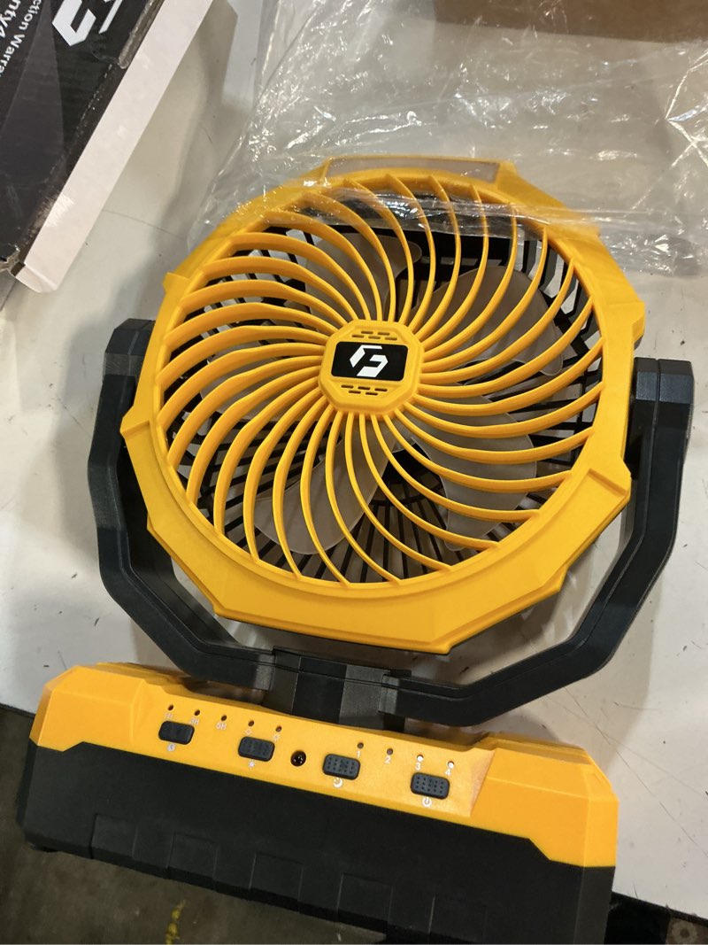 Condition photo showing New/Like New for frizcol 3-in-1 camping fan - portable fans rechargeable - 24000mah battery powered fan with light & remote for indoor, outdoor, tent, travel, fishing, jobsite, gifts for men dad him - yellow 24000mah internal yellow