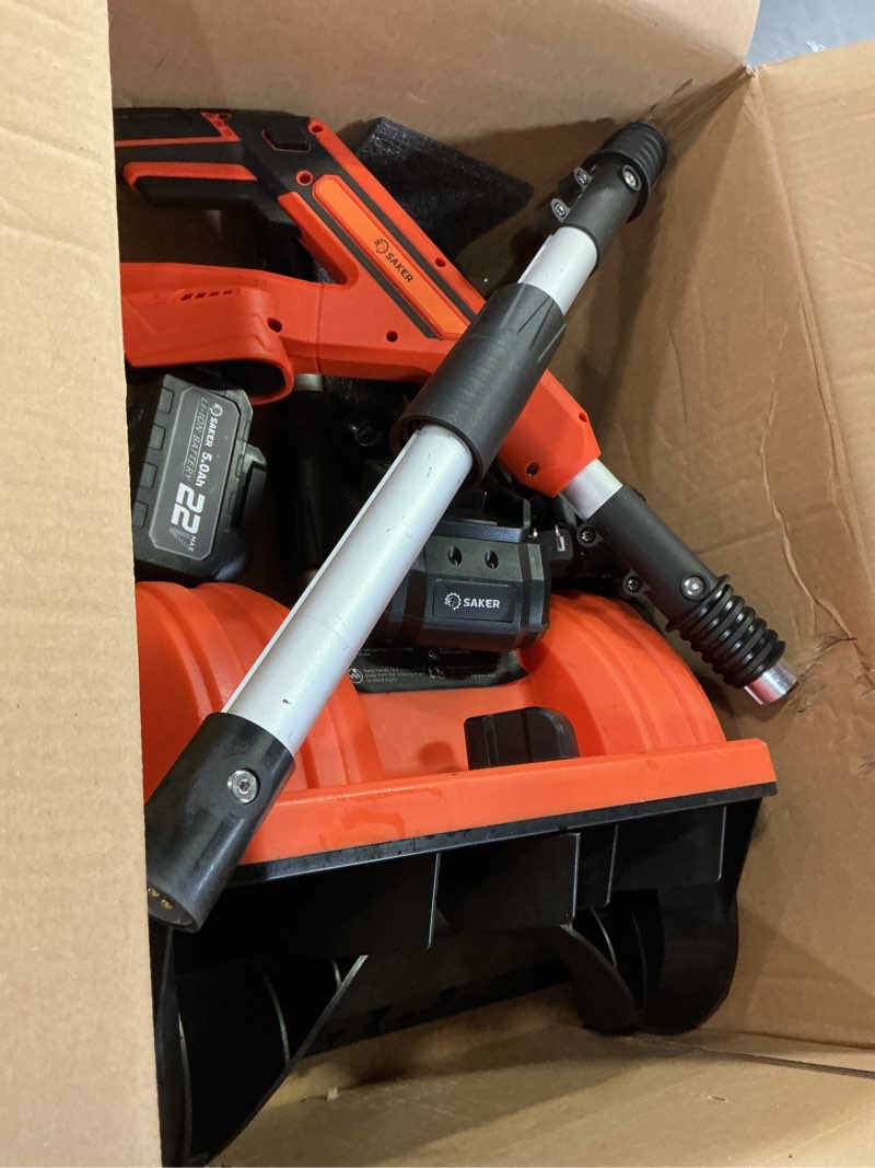 Condition photo showing As Is for Saker Cordless Snow Shovel Electric - 22V Brushless Snow Blower with 2X 5.0 Batteries & Charger - 12" Width 20FT Throwing Distance Lightweight Snow Remover for Driveway, Sidewalk, Patio(2 Batteries) Saker cordless snow shovel — 2-Batteries Kit