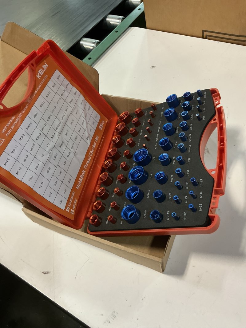 Condition photo showing New/Like New for kelin 55pcs nut and bolt thread checker (30 standard & 25 metric), detachable bolt size finder kit, precision thread gauge, color-coded orange/blue, for automotive diy workshop