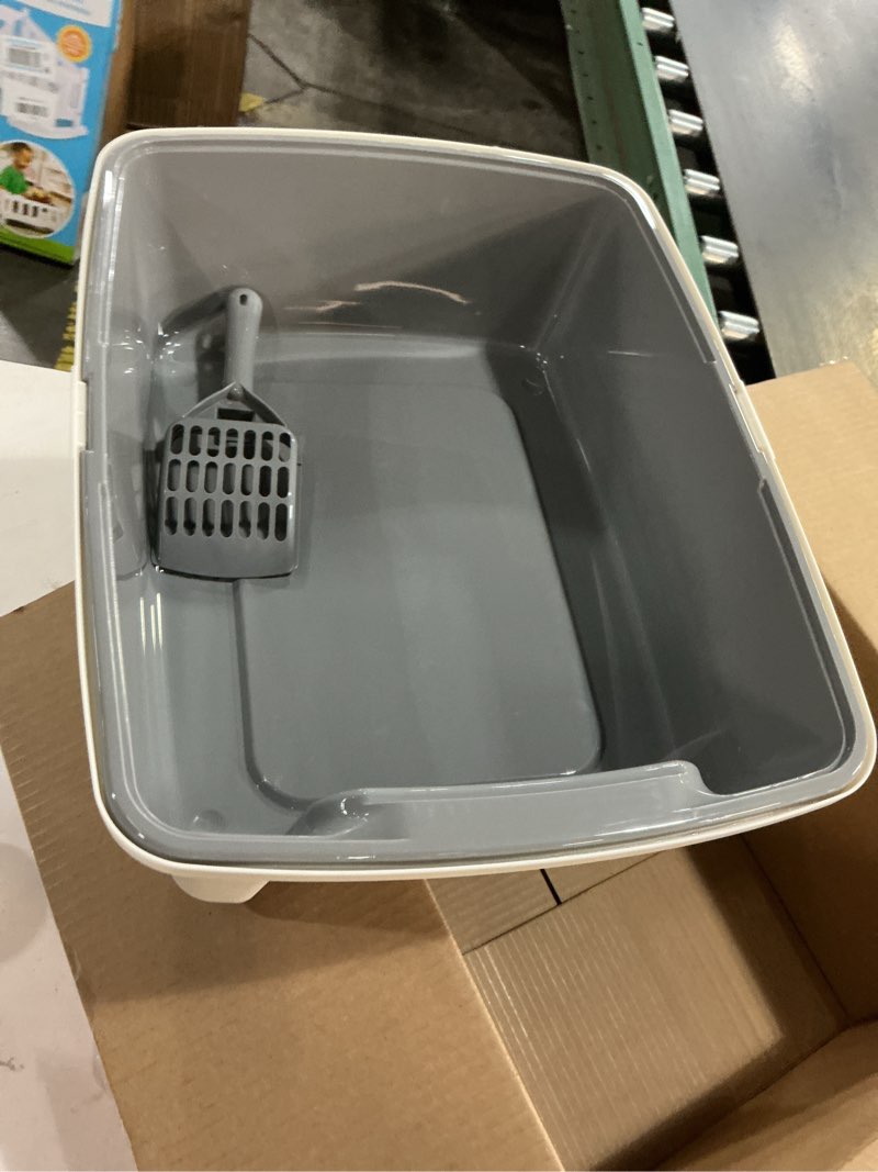 Condition photo showing Good Condition for Amazon Basics Large Cat Litter Box with High Sides, Open Top, Includes Scoop, 19 x 15 x 11.75 inches, Grey/Beige Grey/Beige Open Top