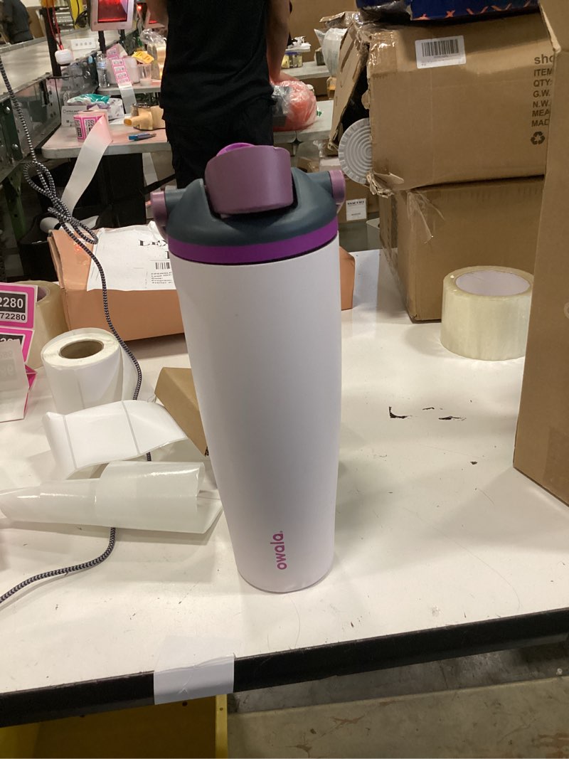Condition photo showing As Is for owala freesip sway insulated stainless steel water bottle with two-way spout, built-in straw and bucket handle, made for travel, school, and sports, 40oz, bpa free, leak proof, dreamy field dreamy field 40 ounces